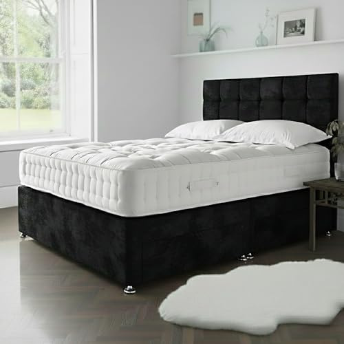 STONEGATE BEDS Super King Bed Set 6 FT with Mattress - Black crush velvet Divan Beds Set with Storage Drawers - 26 Inch Headboard with Chrome Glider Feet 6FT Super King Bed - Black crush velvet