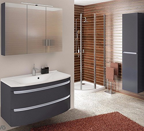 naka24 Badmöbel Set Dynamic Plus 90 cm LED GRAU MATT GRIFLOS (Waschtisch Spiegel LED Hochschrank)