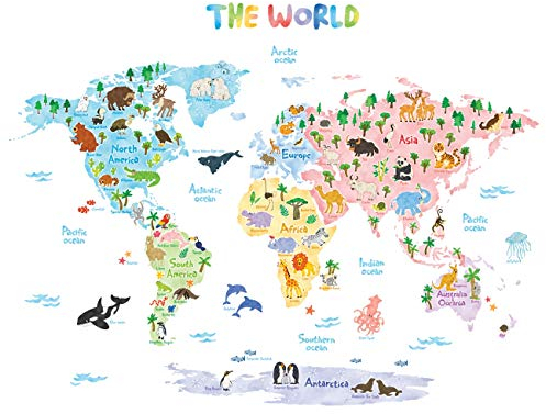 Decowall DAT-1615S Weltkarte Tierweltkarte Tiere Wandtattoo Wandsticker Wandaufkleber Wanddeko für Wohnzimmer Schlafzimmer Kinderzimmer (Groß) (Englisch Ver.)