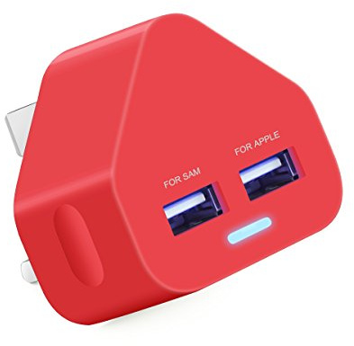 Ameego Dual USB Mains Charger 2AMP/2000mAh Rapid Speed Charging Universal Adapter with Smart IC UK Plug for iPhone/iPad/Samsung/Pixel/Windows Phone/Tablets & USB Devices - RED