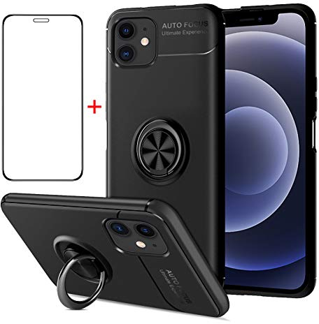 AKABEILA iPhone 12 Mini Case Screen Protector, Compatible for iPhone 12 Mini Phone Case Cover, Silicone Kickstand Ring Grip Holder for iPhone 12 Mini Shockproof Tempered Glass, Black