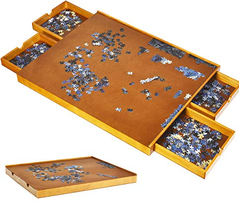 RELAX4LIFE Puzzletisch bis zu 1500 Teile, Holz Puzzlebrett mit 4 Schubladen, glatter Arbeitsfläche, hoher Knate & versenkten Griffen, Puzzle Board 80 x 65 cm, Puzzleplateau für Erwachsnene & Kinder