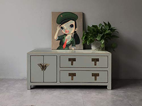OPIUM OUTLET Asiatische Vintage TV-Kommode, chinesisches Wohnzimmer Sideboard, graues Lowboard Schrank orientalisch