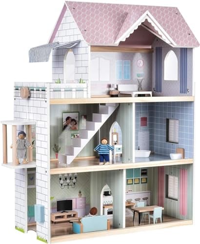 Giant Bean Maison de Poupées, 80 cm de Haut avec Ascenseur, Sonnette, Lumière, 15 Meubles et 3 Poupées, Cadeau de Jouet pour Filles de 3 à 7 Ans +