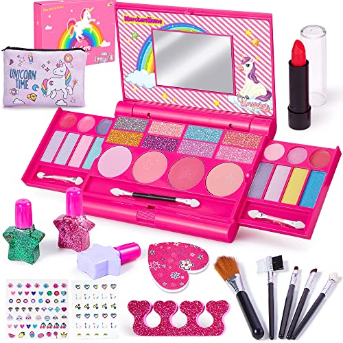 Lubibi Kinderschminke Set Mädchen, Waschbares, sicheres Make-up-Set für Kinder Mit Einhorn Kosmetiktasche, Nagellack, Einhorn-Geschenk für Mädchen 4 5 6 7 8 9 10 Mit Geschenkbox