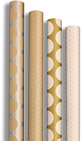 Clairefontaine 223879AMZC - Un carton de 10 rouleaux papier cadeau Kraft (100% recyclé) 5mx0m70 (grande largeur) 70g, - Motifs assortis Pois or, blanc et argent