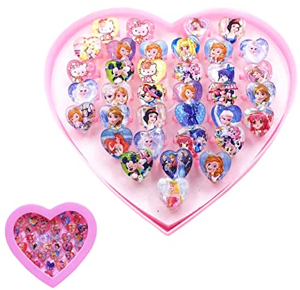 Kinderring-Sets, kinderringe mädchen, Cartoon-Ringe, Kinderring in Herzform, Kinderring Prinzessinnen-Sets, Spielzeugring für Kinder, Kinderschmuck, perfekt für Kindergeburtstagsgeschenke (36 Stück)