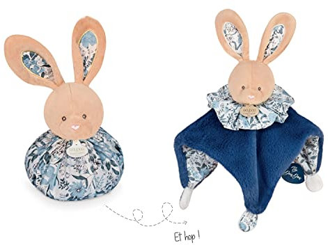 Doudou et Compagnie - Peluche Boule Lapin - 3 en 1 : 1 Doudou,1 Peluche , 1 Boule d'Eveil - 25 cm - Bleu/Blanc - Doux pour les Câlins - Idée Cadeau Naissance - Garantie Doudou Perdu - DC3936