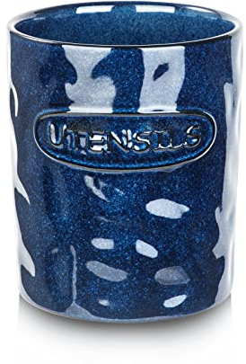 Vicrays Porte-ustensiles de cuisine en céramique – Grand organiseur de cuisine en céramique de 17,8 cm – Cuillère en bois pour cuisinière et comptoir – Bleu étoilé
