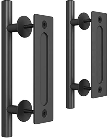SMARTSTANDARD 2 maniglie scorrevoli per porta da fienile, 30,5 cm, set di ferramenta resistente, nero, grande design rustico su due lati, rotondo