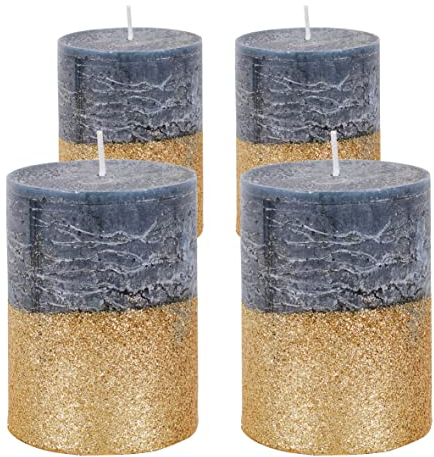 Stumpenkerze Blau, Gold 4er-Set | Premium Qualität - Glitzernde Stumpen-Kerze, Brenndauer: 45 Stunden, Ø 75 mm x 100 mm/pajoma®