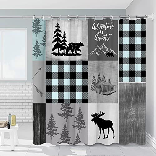 Kabinenbär Duschvorhang Rustikaler Elch Badezimmer Vorhänge Winter Weihnachten Lodge Wildtiere Tier Jagd Bauernhaus Blaugrün Plaid Kariert Landhausstil Badewanne Dekor mit Haken 177,8 x 177,8 cm