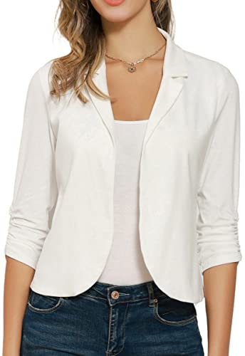 Blazer Élégant pour Femme Veste à Manches 3/4 Devant Ouvert Col Revers Slim Fit pour Bureau S Blanc