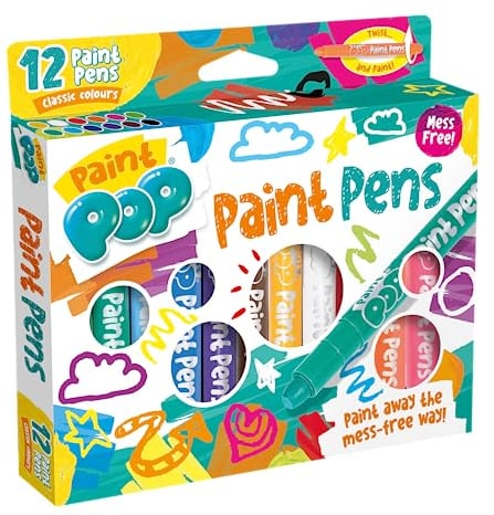 Paint Pop - Paint Pens For Kids - 12 Pack Classic Assorted Colours - Twist & Paint, Smaller Paint Tip for Detail, Mess-Free, Fast Drying Action, Easy Clean Up, Multi-Surface, Creative Fun