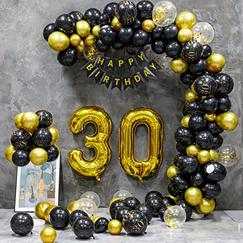 30 Geburtstag Deko, 30 Geburtstag Frauen Männer,30 Jahre Geburtstagdeko, Happy Birthday Girlande Ballon Schwarz Gold Dekoration, Deko 30 Geburtstag Luftballons Birthday Party