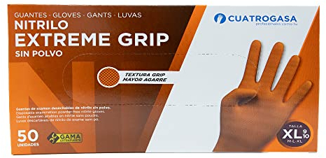 Cuatrogasa Guantes de nitrilo naranja Extreme Grip | Guante de alto rendimiento, gama extrafuerte, textura grip para mayor agarre | Caja 50 unidades | Marca (Talla XL)