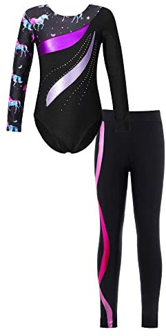 iEFiEL Mädchen Turnanzug Glitzer Gymnastik Leotard Langarm Akrobatik Anzug Tanzkostüme Turnbody Jumpsuit mit Sport Leggings Zb Violett + Hot Rosa 122-128