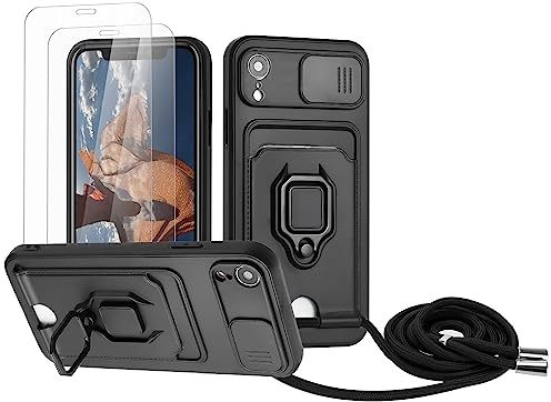 Zallagre Cordon de Coque Compatible avec iPhone XR,[2 Pièces] Verre Trempé,Lentille Coulissante Couverture,360 Degrés Bague Rotatif Support,Fentes pour Cartes-Noir