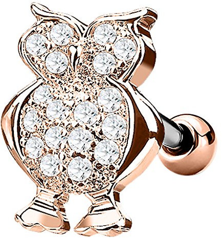 Taffstyle Piercing Stecker Eule Uhu Vogel Stud Strass Glitzer Zirkonia Kristall Ohr Cartilage Flach Tragus Helix Ohrpiercing Knorpel Barbell Stab mit Kugel Lang Rosegold