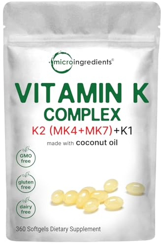 Super Vitamin K Complex (K2 MK7 + MK4 & K1), 360 Coconut Oil Softgles | Easily Absorbed K Vitamins, Active Menaquinone Complex | Non-GMO