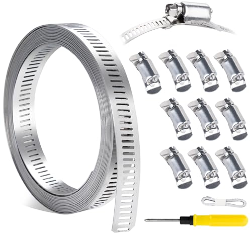 ilauke 3M Schlauchschellen Endlos 304, Edelstahl Einstellbare Riemen Schlauchclips mit 10 Stück Schraube Klemme,Schraubendreher und Maßband für Wasser Rohr, Tank, Gas Rohr, Kühler/Automobil Tubing