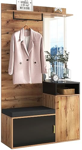 KecDuey Garderoben Set,Flurgarderoben Set,mit 4 Kleiderhaken, Spiegel, Schuhschrank, Wandgarderobe, oberes Ablagefach, Flurgarderobe Sitzbank,Kompaktgarderobe