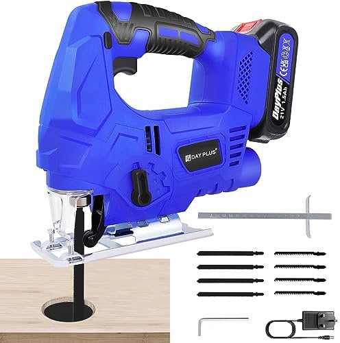 Cordless Brushless Jig Saw, 3000SPM Electric Jig Saw with 1.5Ah Battery & Charger & 8 Saw Blades, 21V Electric Jigsaw Power Tool Kit for Wood Metal Cutting, Max ±45° Bevel Cutting Angle