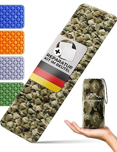 ALPENWERT® Isomatte Outdoor [Kleines Packmaß & Ultraleicht] Luftmatratze perfekt für Camping, Wandern, Backpacking UVM. - Schlafmatte aufblasbar (Camo)