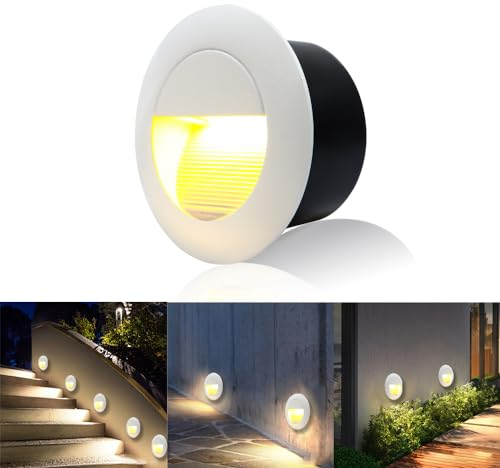 FWoche Applique LED da Incasso per Scale, 3W 3000K Tonde da Parete, 65mm Luci con Scatola da Incasso, IP65 in Alu, per Interno Esterno Giardino, Bianco