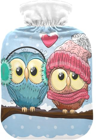 ISAOA Wärmflasche mit Eulen auf Ast, Herzform, weich, warm, für Winter, Bett, Hand, Hals und Schultern, 1 l