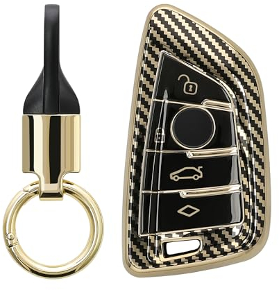 kwmobile Autoschlüssel Hülle kompatibel mit BMW 3-Tasten Smart Key Autoschlüssel Hülle - Schlüsselhülle mit Key Ring Anhänger - Cover Gold Schwarz