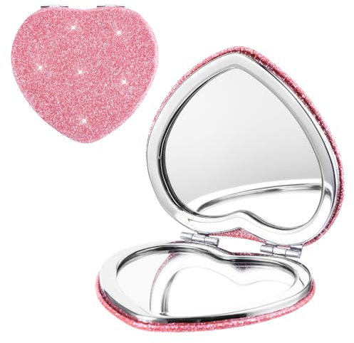 Mabor Miroir compact en forme de cœur grossissant 2X/1X - Miroir de maquillage double face à paillettes, miroir de voyage pliable portable pour femmes et filles (taille de poche)