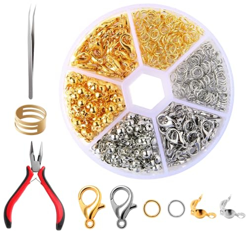 Kettenverschluss Set , 463 Stück 2 Farben Armband Verschluss Set mit Werkzeug Zange Pinzette Öffner und Schließer , Karabiner Verschluss Biegeringe und Crimpenden für DIY Armband Schmuckherstellung