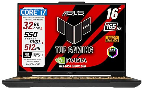 ASUS TUF Notebook Gaming, CPU Intel Core i7 13650HX 14 Core fino a 4,9 GHz, RAM 32 Gb DDR5, NVIDIA GeForce RTX 4050, SSD NVMe 512 GB, Display 16 FullHD+ 165Hz, Win 11 - Pronto all'Uso
