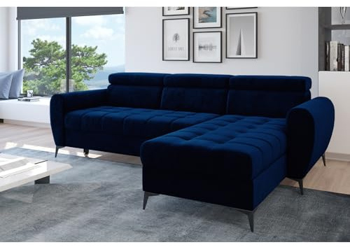 Easy4You Ecksofa Bjorn Velvet L-Form Marineblau – 252x101x175 cm - Schlafsofa mit Bettkasten und Schlaffunktion - Eckcouch mit Stauraum - Verstellbare Kopfstützen – Stoff Monolith 77