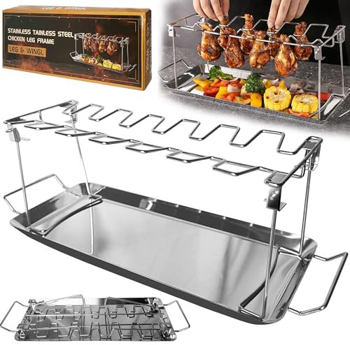VOUSXLLEZ Premium Hähnchenschenkel Halter für 14 Keulen,Hähnchen Ständeraus 100% Edelstahl,Gasgrill Zubehör mit Auffangschale,Chicken Wings Gas Grill Zubehör