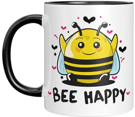 Tasse mit Spruch - Bee Happy - lustige Kaffeetasse - Kaffeebecher mit Motiv - witzige Biene - lustige Zeichnung - tolle Geschenkidee