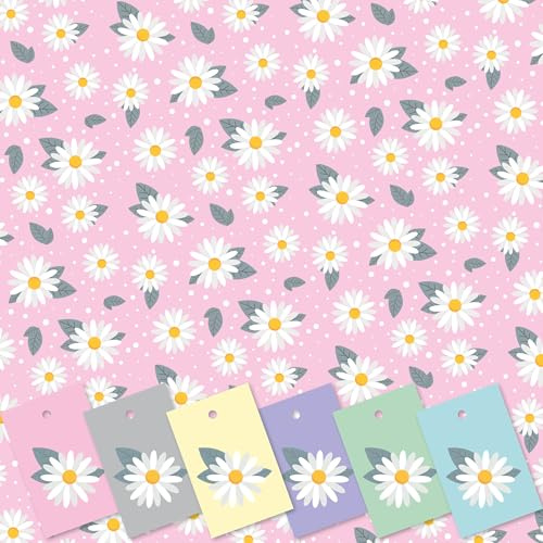 Geschenkpapier für Damen, Gänseblümchen-Design, 5 Bögen rosa Papier mit 6 farbigen Etiketten, Größe XL (50 x 70 cm), mit Schneidegitter.
