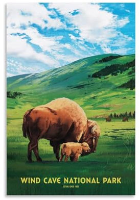 YQCQCS Windhöhle Nationalpark Vintage Reiseposter Grasland Bison Leinwand Kunst Poster Bild Wanddekoration Malerei Poster Dekorative Poster