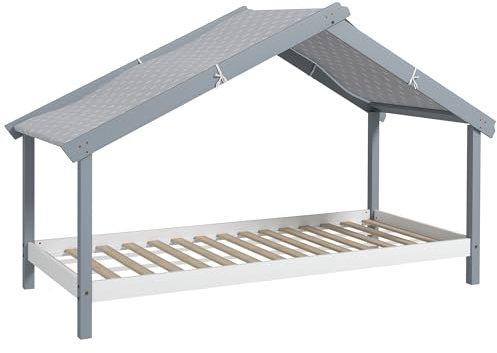 HOMCOM Letto Montessori per bambini a Casetta con Tetto Stellato, 90x190 cm Letto per Bambini con 15 Doghe, Struttura in Legno di Pino e Barriere di Protezione per Cameretta, Grigio