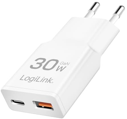 LogiLink PA0348 - Dual USB GaN (Gallium-Nitrid) Ladegerät, 1x USB-C (PD), 1x USB-A (QC), 30 W