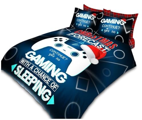 VELVETIO Christmas Duvet Cover Set with Pillowcase, Breathable Xmas Gamer Bedding Bedset Single, Soft Reversible Printed Video Gamepad Comforter Quilt, Multi