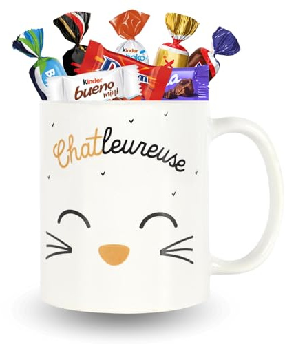 KINDER, MILKA, CÉLÉBRATIONS - Mug Chat Chatleureuse et 20 Chocolats | Mug Chat Chatleureuse Garni d'un Assortiment de 20 Chocolats CELEBRATIONS