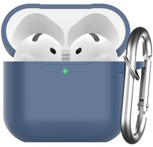 Nemteur Custodia per AirPods 4 2024, Case Protettiva in Silicone per AirPods 4th 2024 Cover in Silicone Visibile a LED Frontale con Moschettone, Navy Blu