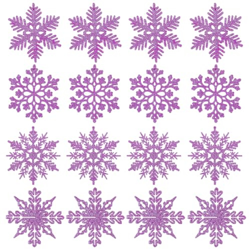 16 Stück Schneeflocken Weihnachten Deko,Glitzer Ornamente für Weihnachtsbaum,Weihnachten Glitzer Schneeflocken Anhänger Hänge Ornamente,Weihnachten Schneeflocken Ornamente (lila)