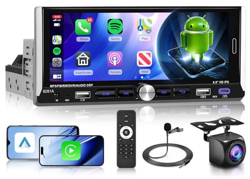 Radio Android 1 DIN con Carplay Android Auto Inalámbrico, Hodozzy Pantalla Táctil de 6,9 Pulgadas, 1+32 GB, Radio con GPS WiFi Bluetooth Mirror Link EQ, Radio FM/RDS, SWC, Doble USB/Tipo C y Cámara