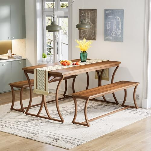 Tribesigns Esstisch mit 2 Bänken, Essgruppe 4-teilige, Küchentisch 79 x 130 x 75 cm, 2 Bänke je 30 x 110 x 45 cm, Küchentisch, Küchentischset mit Tischläufer, Esszimmergruppe für 4-6 Personen