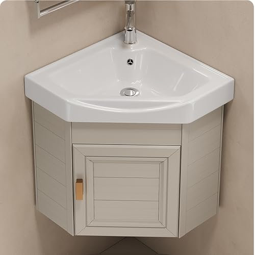 Pounjsd Lavabo In Ceramica Con Rubinetto Adatto, Lavandino Bagno con Mobiletto, lavabo angolare sospeso, mobile da bagno angolare 38×38cm, mobile lavabo bagno angolare per Piccoli Spazi