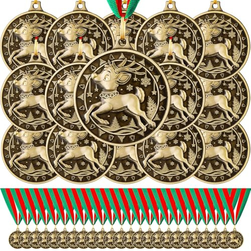 Huquary Weihnachts-Rentier-Medaillen, 5,1 cm, goldfarben, mit Halsband, für Weihnachten, Party, Ornament, Geschenkpreis, 48 Stück