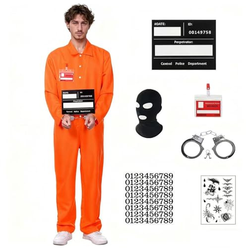 Effluvcy Prisoner Costume Men Orange Prison Jumpsuit Halloween Costumes for Adults Prisoner Overalls Fancy Dress Costume Convict Boiler Suit (Long Sleeve, XXL)